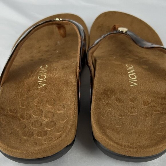 Unworn Vionic Mona Brown Tortoise Shell Print Leather Thongs Flip Flops Sz 10 - Picture 5 of 6